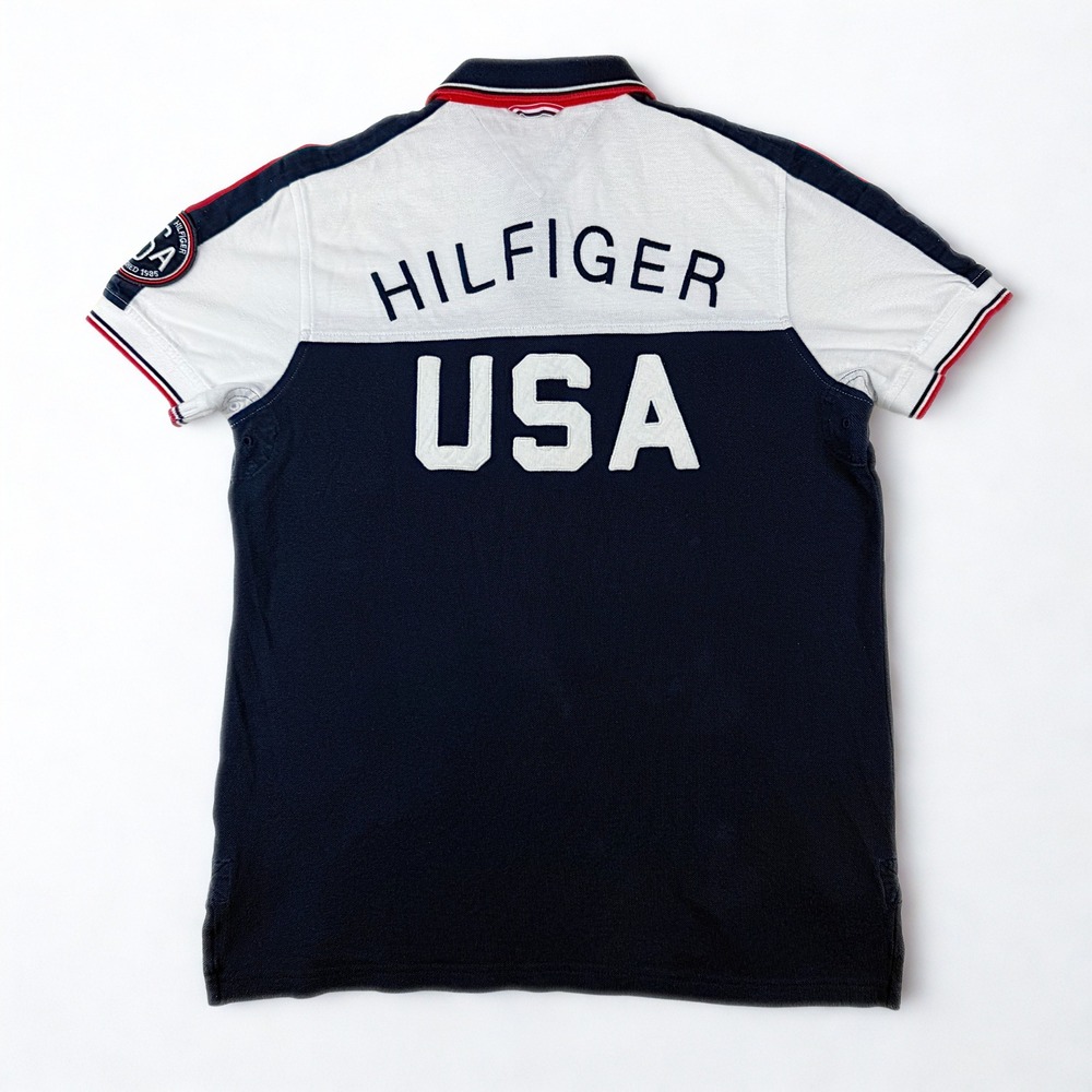 Vintage Tommy Hilfiger USA Polo Shirt Mens M Blue Red White American Flag Patch